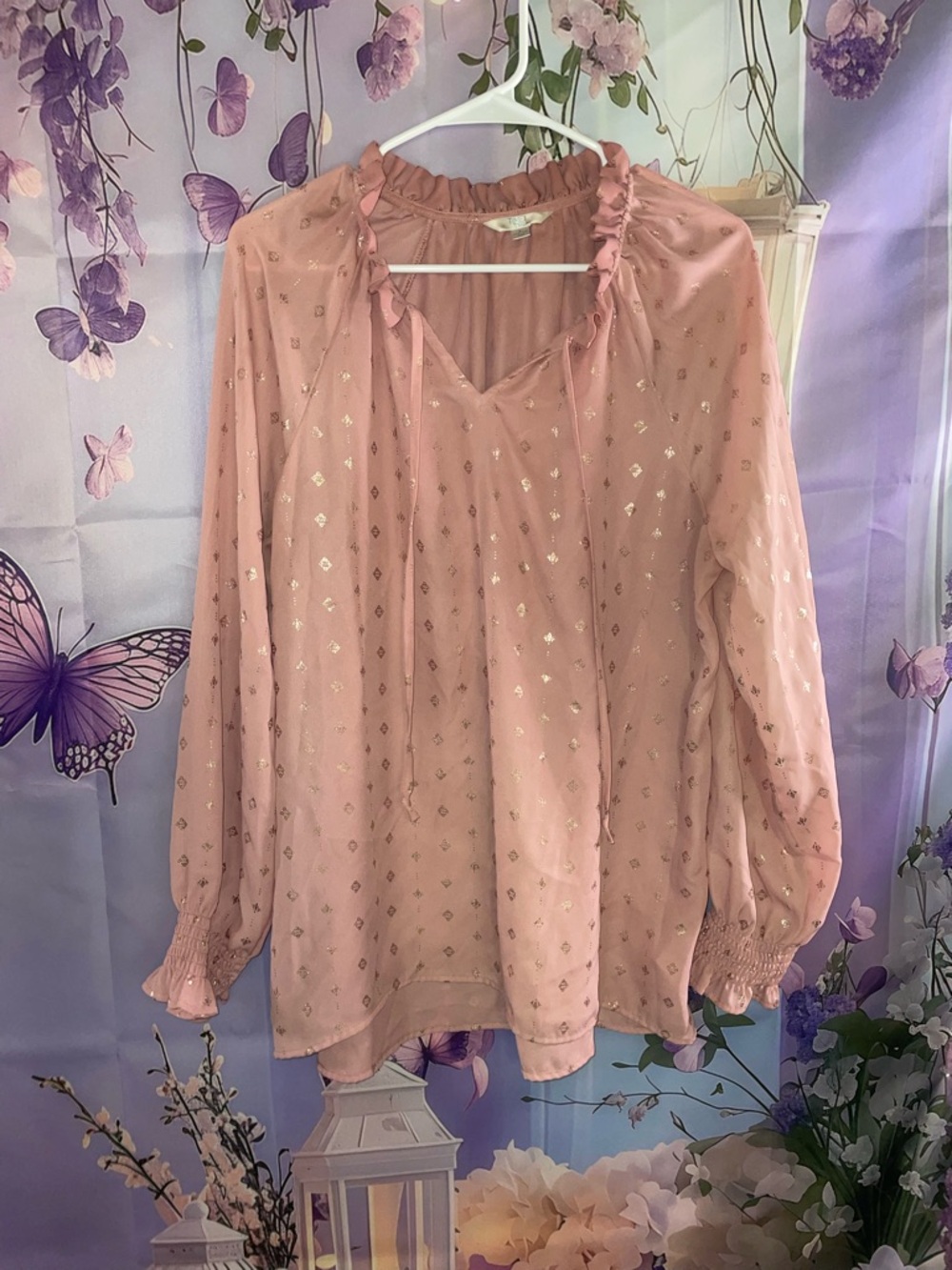 Time and Tru Pink Metallic Dot Ruffle-Tie Blouse